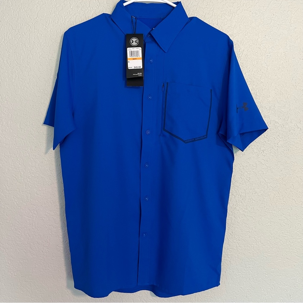 NWT Mens Small Under Armour HeatGear blue fishing shirt